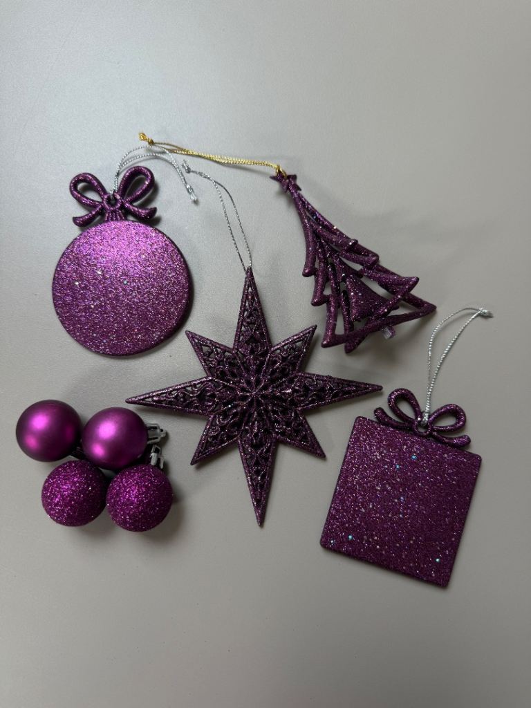 Gorgeous purple glittery Christmas tree decorations.