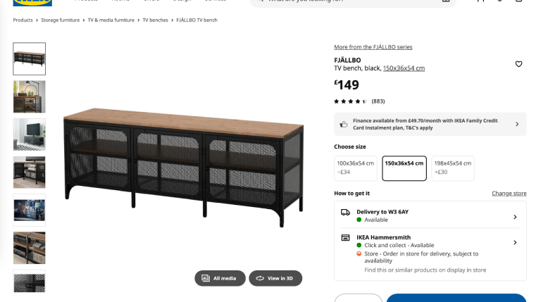 IKEA Fjallbo TV Bench, Shelf, Storage, Metal, Industrial Black, 150x36x54 cm – Very Good Condition