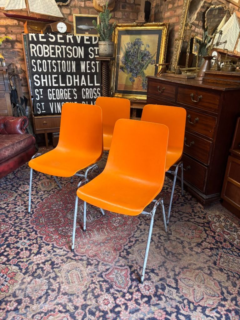 Set of 4 Retro Orange Stacking Chairs Dining Chairs