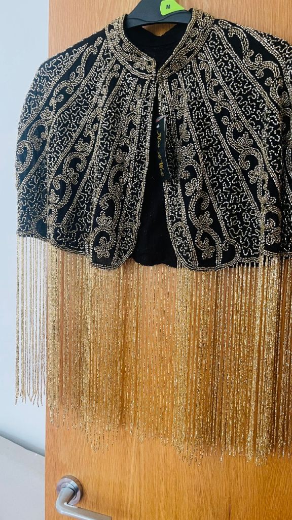 Stunning Black & Gold Beaded Fringe Cape Jacket – New with Tags