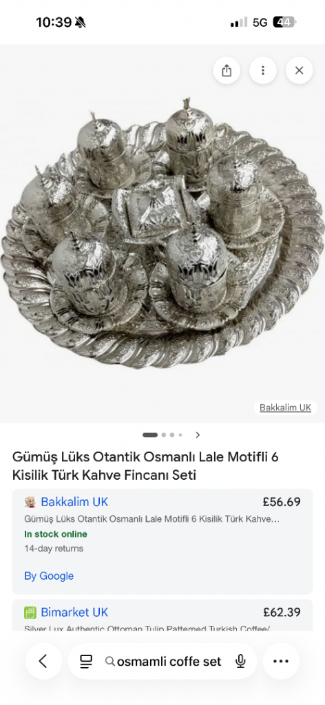 New Silver Turkish Coffee Set with Tray – 6 Cups and suger pot