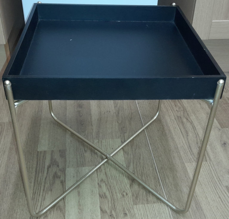 Wooden Tray Table. Gold Folding Legs. Damaged Black Removable Tray. Leeds LS2.