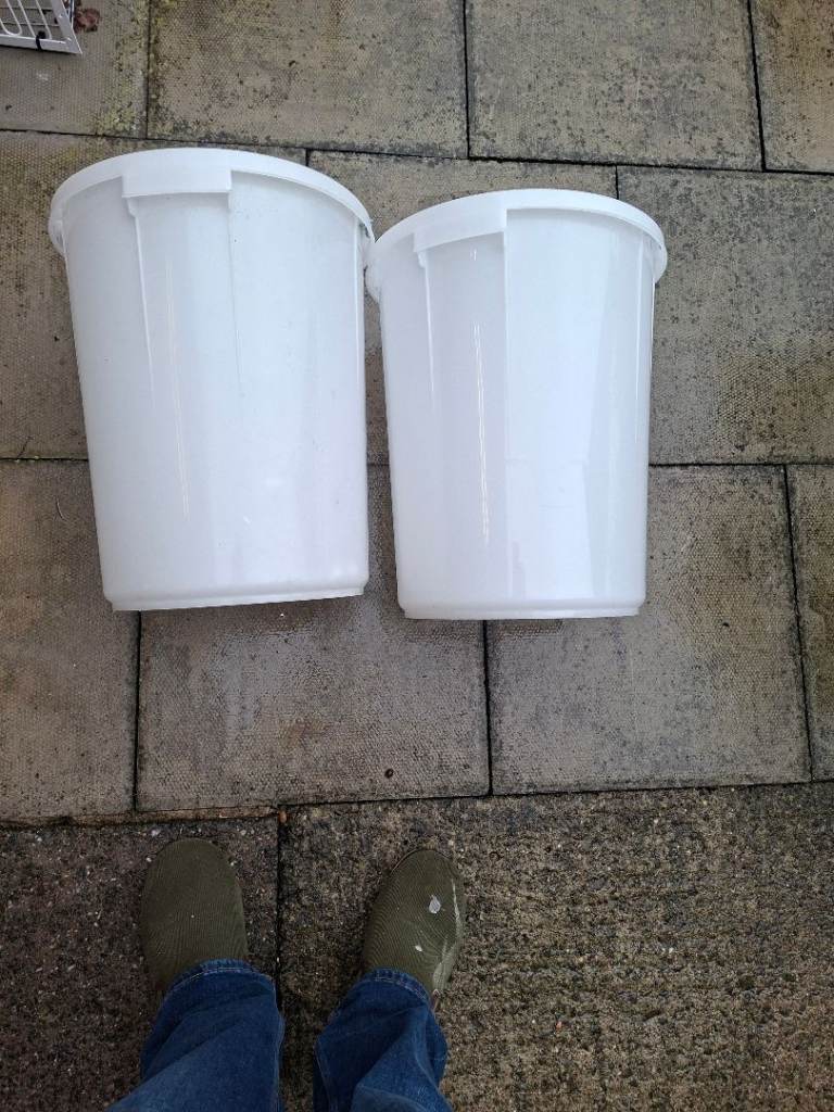 Pair of White Plastic Buckets with Handles – Good Condition