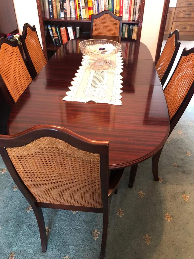 Mahogany Dining Table and 6 Cane Back Chairs – Good Condition