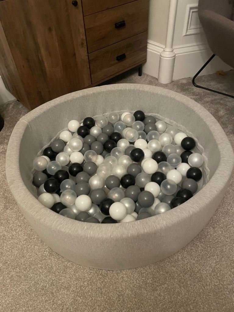 Light Grey Foam Ball Pit with black, white, grey & clear balls