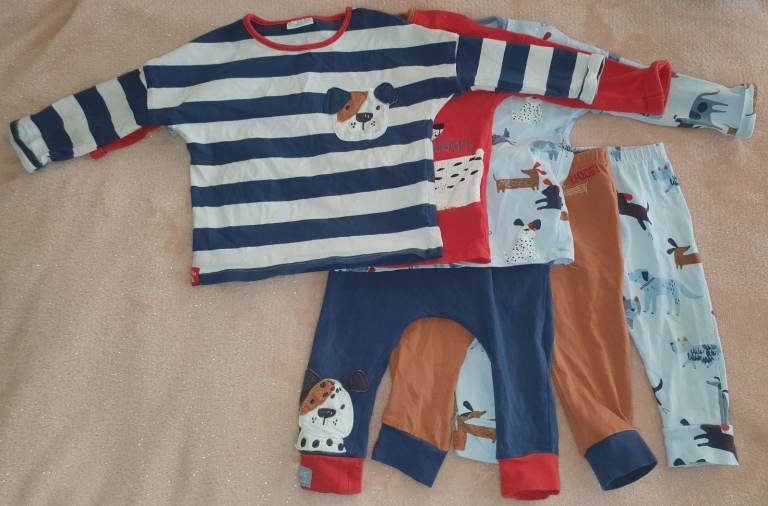 3x NEXT Baby Boys Blue Red Brown Dog Long Sleeve Pyjamas Pjs Set 6-9 months