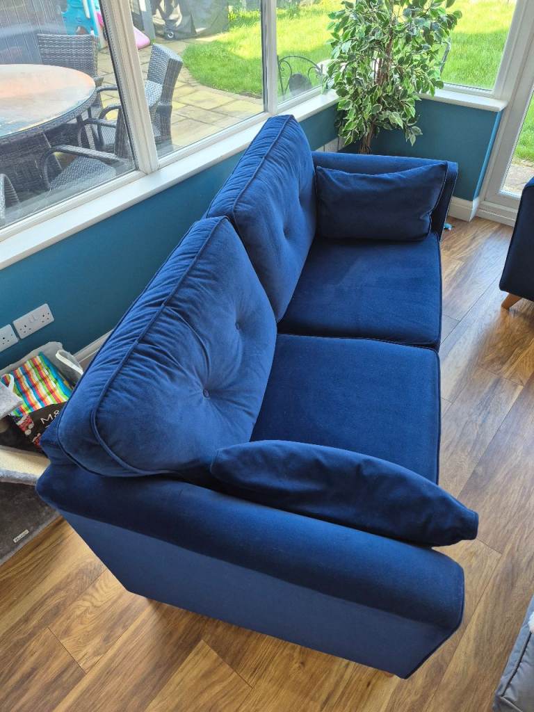 NEXT Blue Velvet Sofa and Matching Snuggler/Cuddle Chair