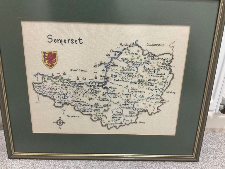 Framed Somerset Cross Stitch Map – Good Condition