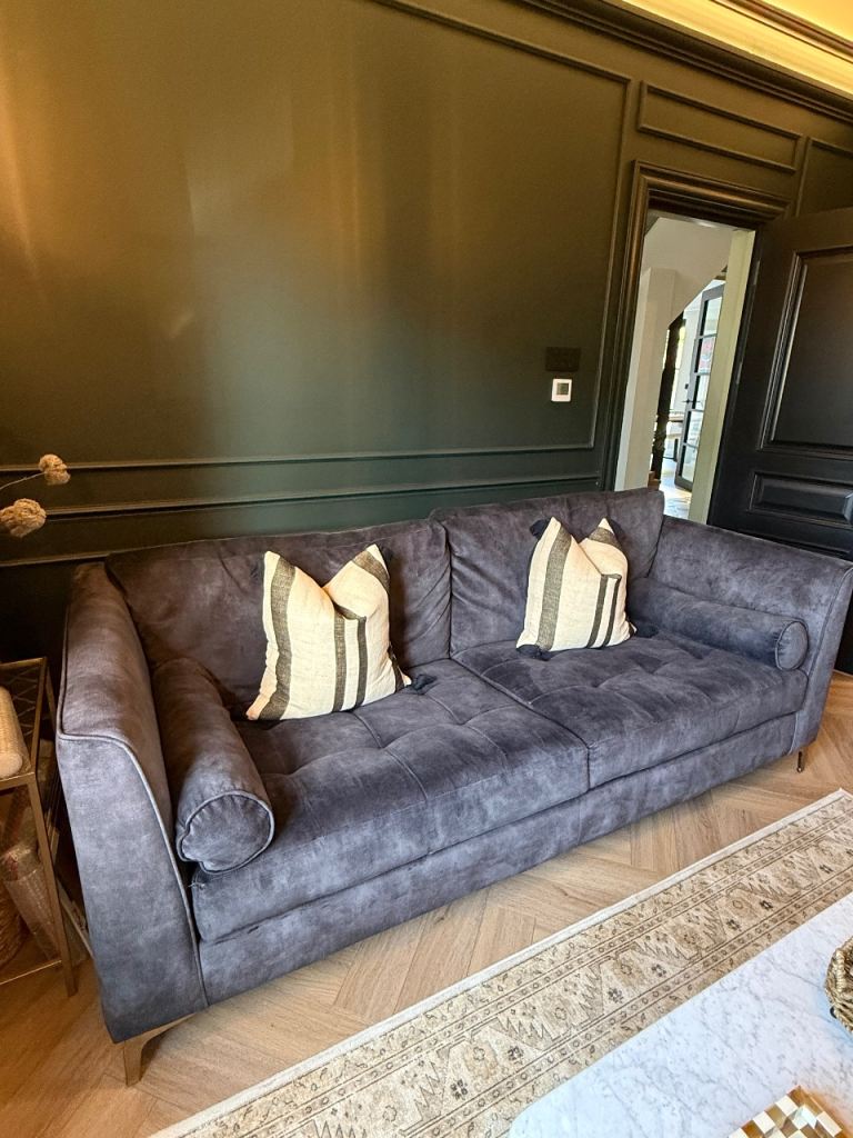 Louise Redknapp BOLD Collection Velvet Sofa Set – 3 Seater + Loveseat + Pouffe – Harvey’s