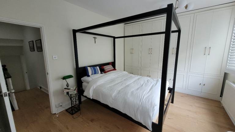 Stylish black four-poster king size bed frame (+ optional mattress) – great condition