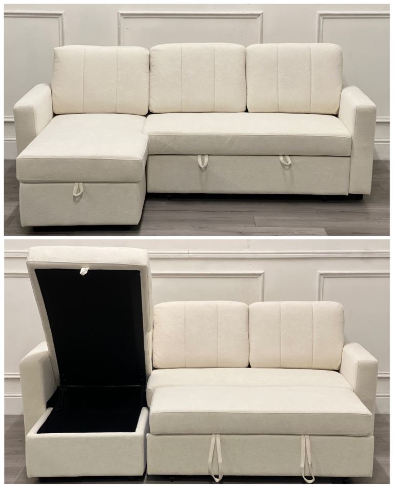 Brand New: Cream fabric pull-out sofa bed (with lift-up ottoman storage)