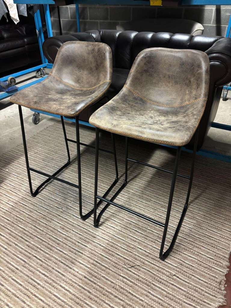 Pair of Modern Industrial Style Brown Leather Bar Stools ex-display condition 