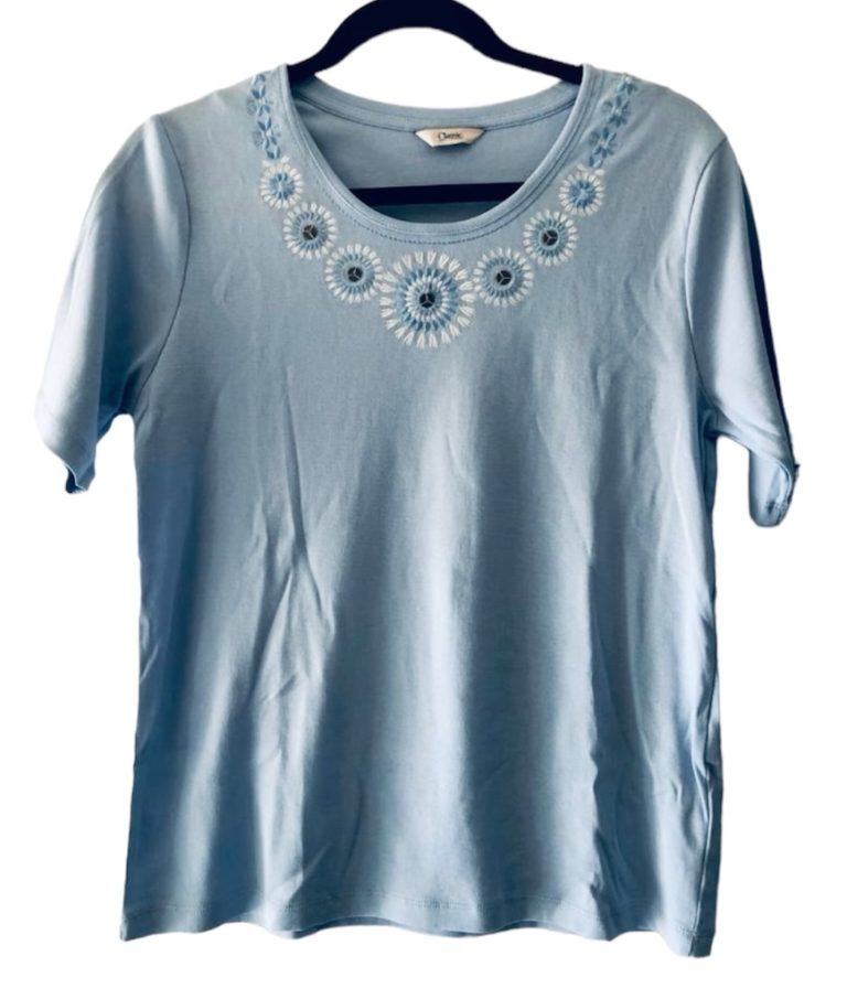 Marks & Spencer Classic Short Sleeve T-Shirt Embroidered Collar In Baby Blue Size 12