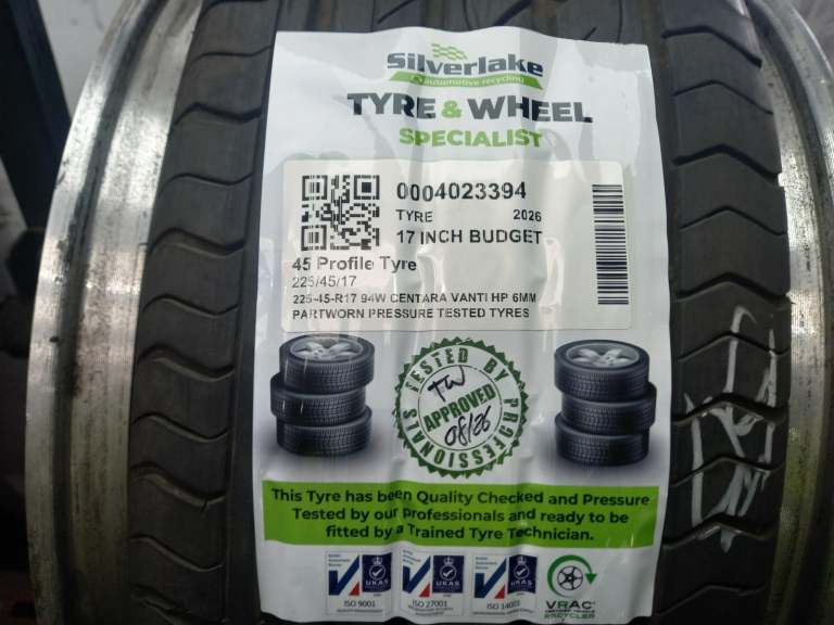 225-45-R17 94w Centara Vanti Hp 6mm Partworn Pressure Tested Tyres