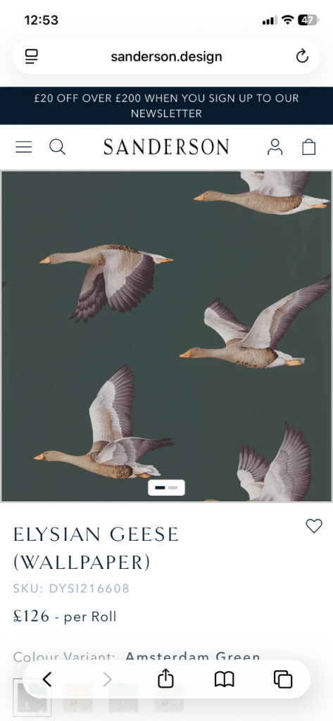 Sanderson Elysian Geese Wallpaper, 2 rolls