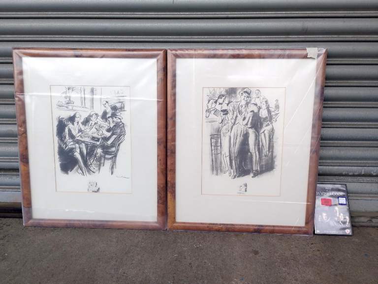 Pair drawings, 1940s cafe/cocktail-bar scenes in high-end, bespoke walnut frames