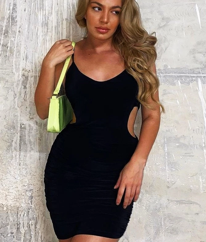 New 90's Side Cut Out Body Con Strappy Little Black Party Dress.Size 10.POST OR COLLECT!