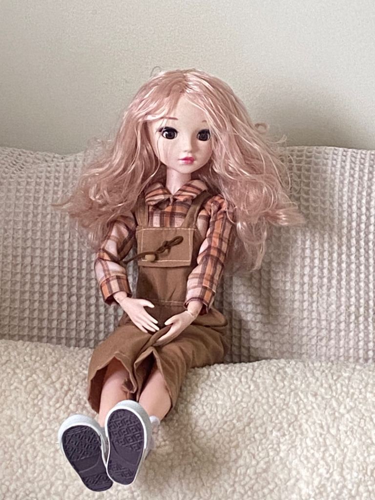 Anime/Smart Doll with Pink Plaid Shirt and Brown Corduroy Overalls