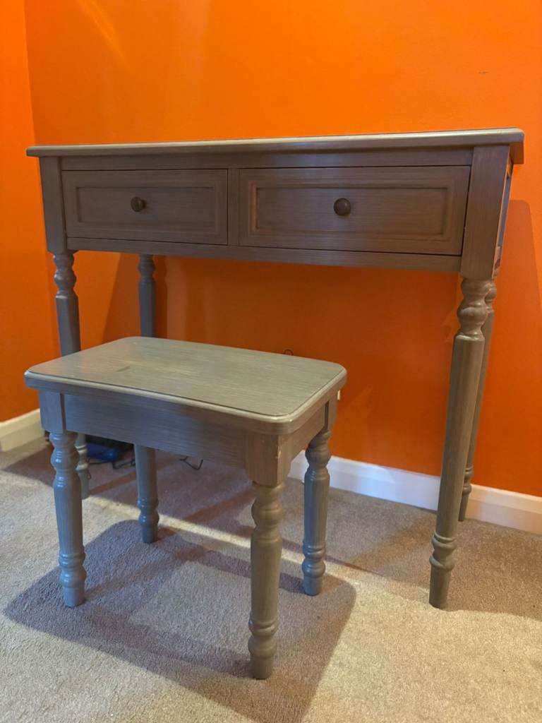 Dunhelm grey two-drawer vanity desk & stool