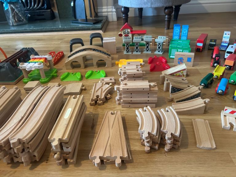 Large Wooden Toy Train Set with Tracks and Accessories