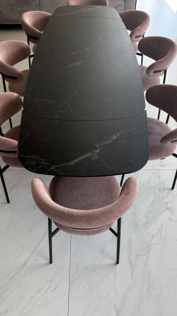Calligaris Dining Table & 8 Blush Pink Fabric Chairs & burgundy Leather Bar stools. 