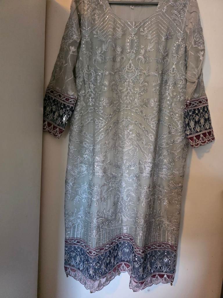 Beautiful Grey Embroidered Dress with Dupatta and Trousers