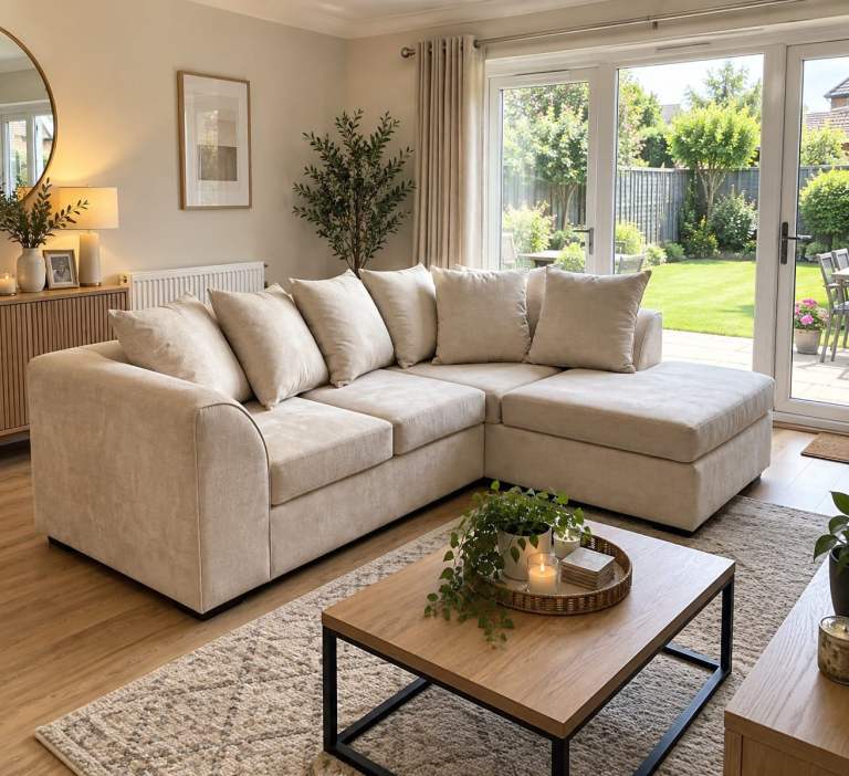 Cream Fabric Corner Sofa with Chaise Free Home Delivery 