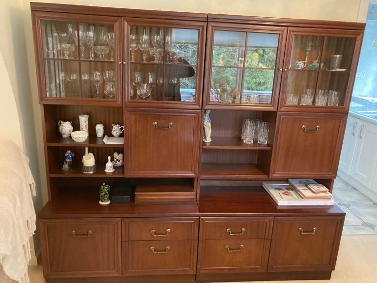 G-Plan Mahogany Wall Units with  Glass Display Cabinet and Drawer Base.