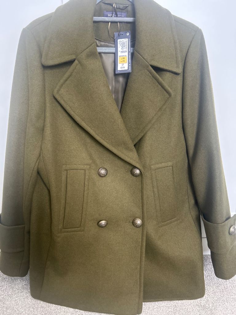M&S Khaki Green Pea Coat – Brand New with Tags