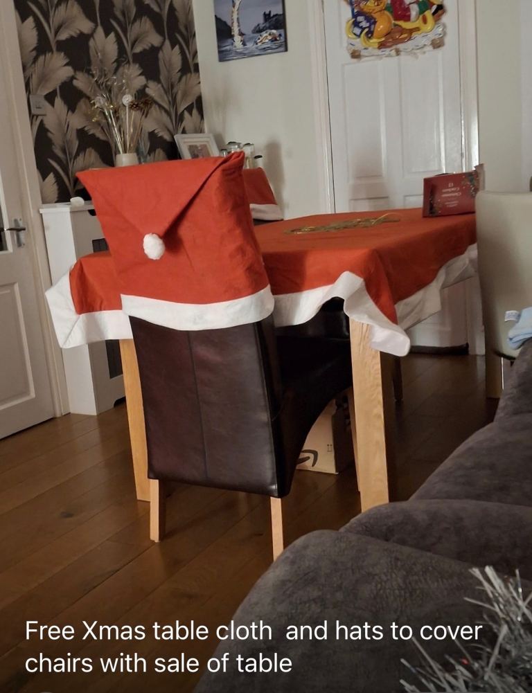 Red and white table cloth chair covers and runner 