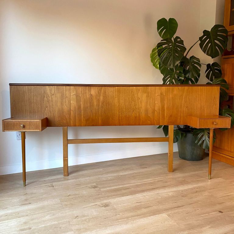 image for Mid-Century HOMEWORTHY Teak Double Headboard / Bedside Tables – Vintage