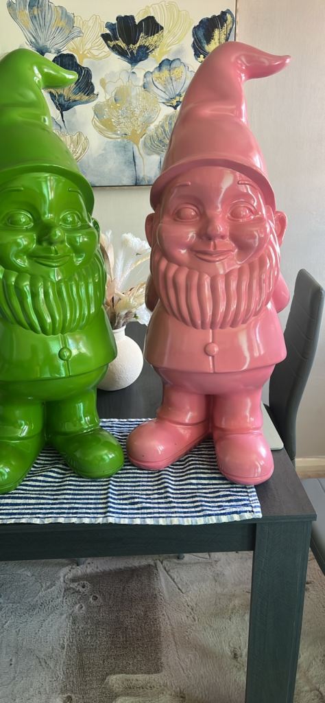 Pair of Large Garden Gnomes - Green & Pink Multicoloured