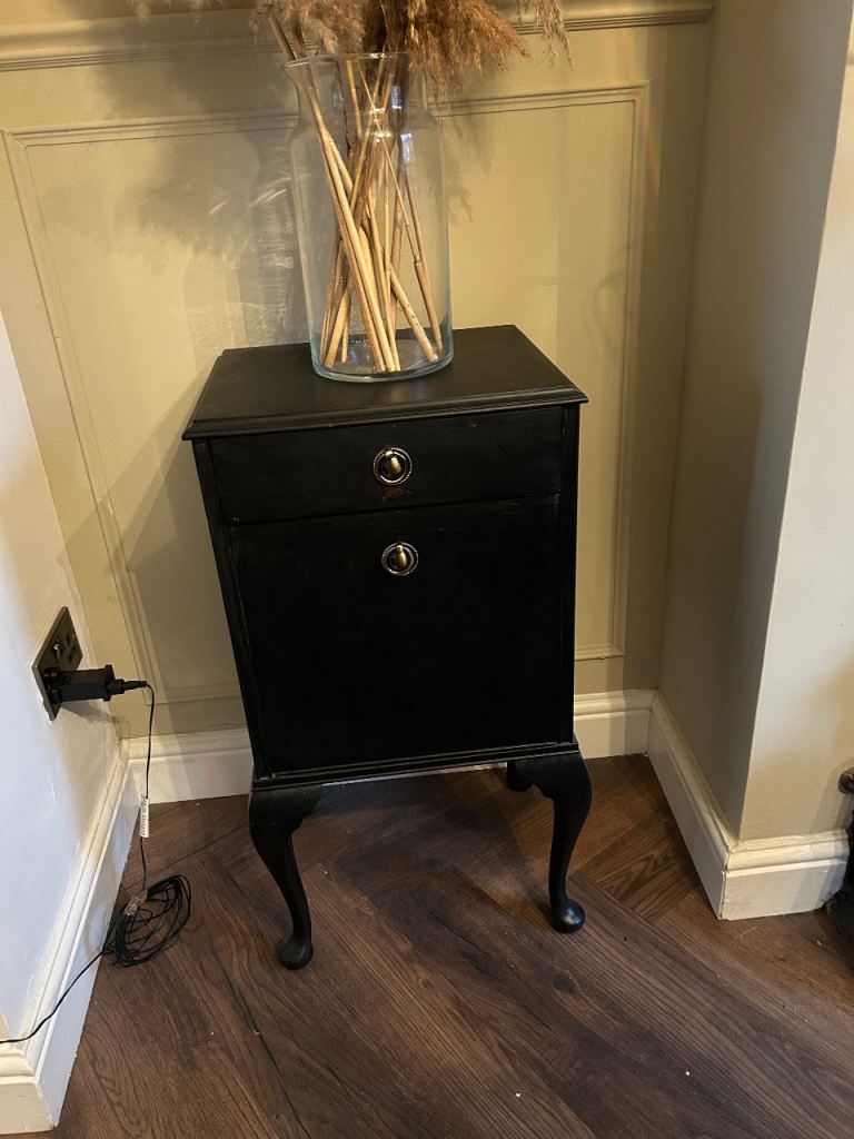 Antique Queen Anne side table cabinet black and gold restored upcycled 