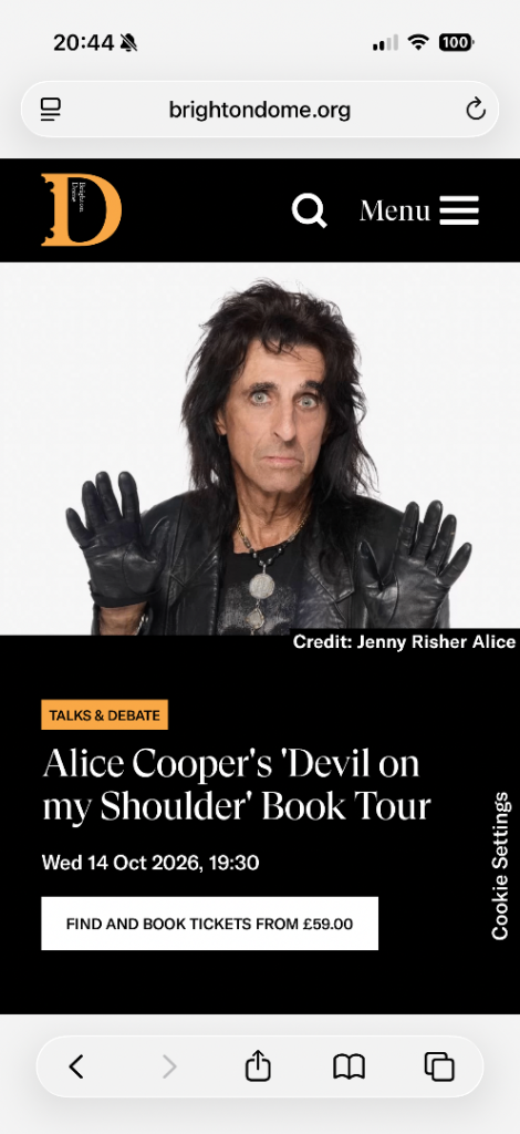 2x Alice Cooper Tickets- Brighton 14/10/26