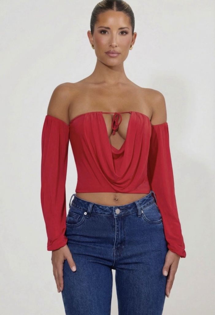 Oh Polly Red Juliana Off-Shoulder Draped Balloon-Sleeve Top - Size: S
