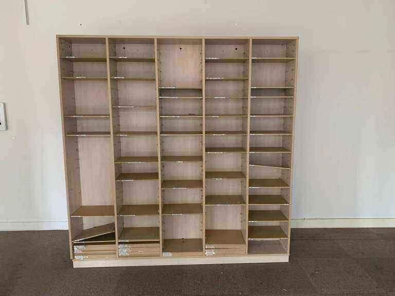 Used Second hand Pigeon hole storage unit wooden h 190cm x w 186cm x d 27cm