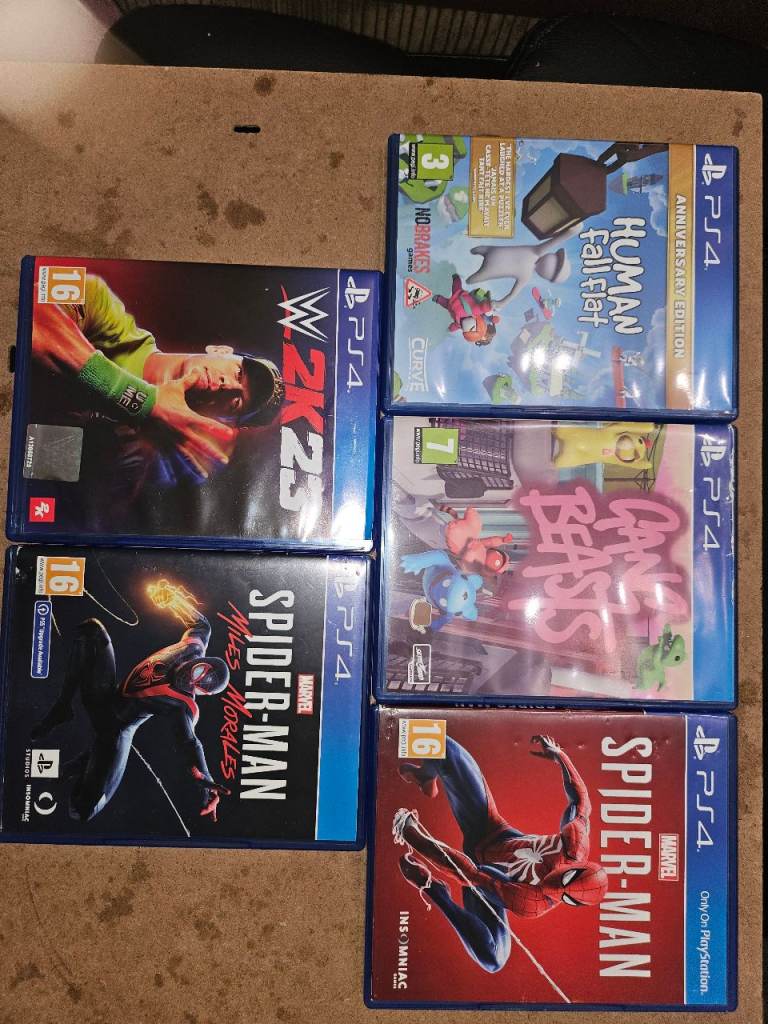 PS4 Games Bundle - Spider-Man, WWE 2K23, Human Fall Flat, Gang Beasts