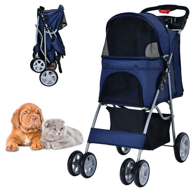 Navy Blue 4-Wheel Folding Pet Dog Puppy Cat Stroller Pram Storage Adjustable Canopy BRAND NEW BOXED