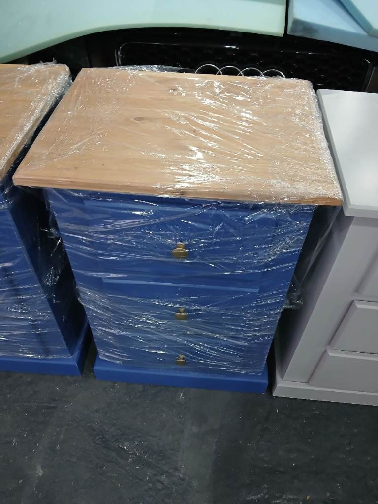 Pair of New Blue Bedside Tables with Wooden Tops