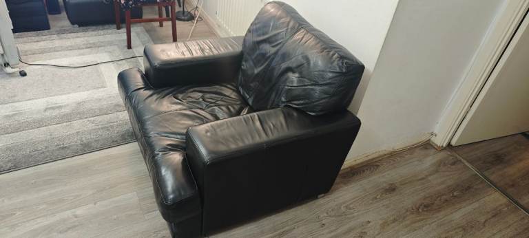 Real Leather Corner Sofa, 2 Seater + 1 Seater Black Leather Sofa