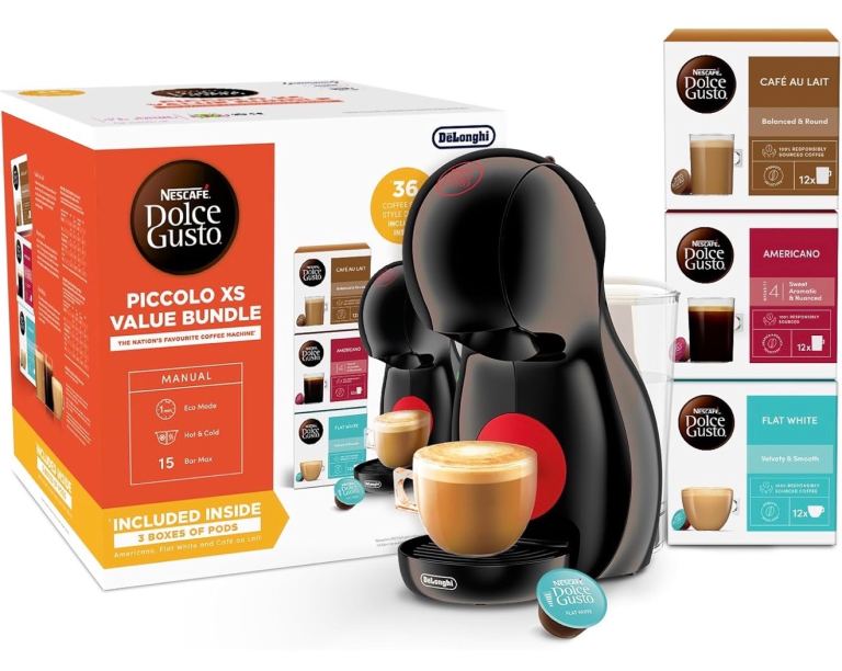 DeLonghi Dolce Gusto Piccolo XS EDG210.B Coffee Machine + 36 Pods + Recycling Bag Bundle – New
