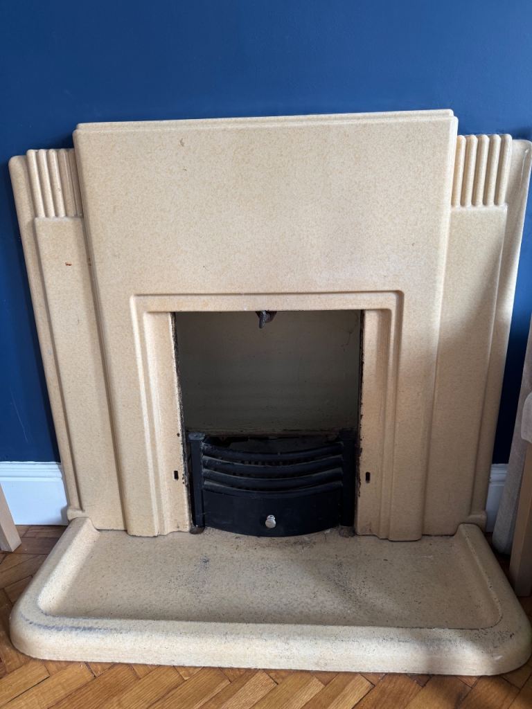 Art Deco Fire Surround with Fire Basket – Beige, Fair Condition
