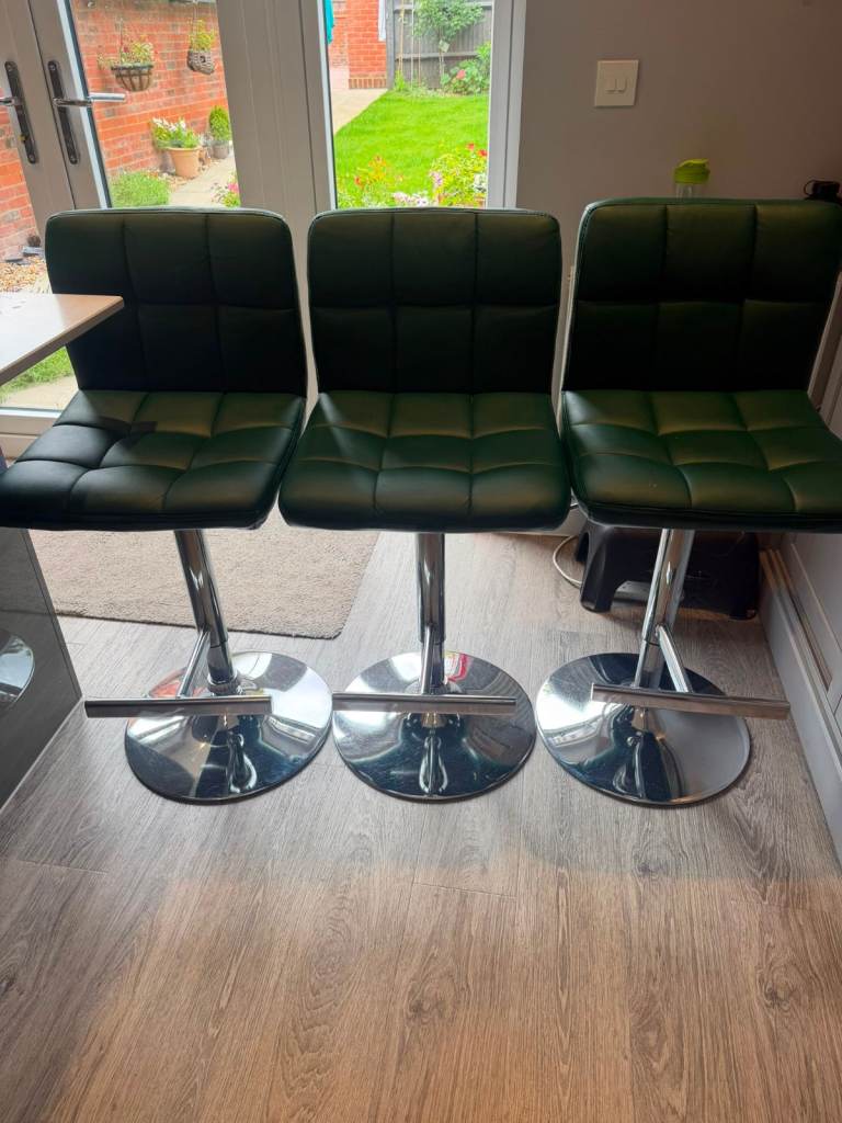 Set of 3 Green Adjustable Bar Stools - Good Condition