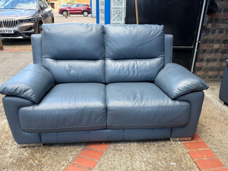 DFS Denim Blue Leather 2-Seater Sofa and Matching Armchairs