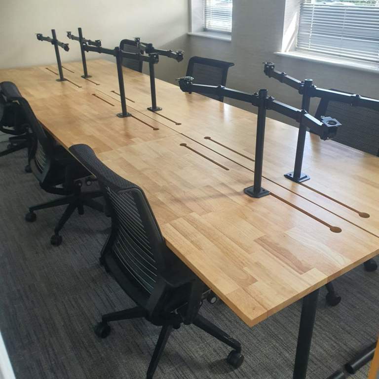 Modular Bench Desking, Solid Oak / Black Metal, Portholes, W1220mm 