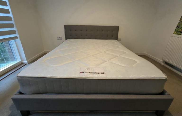 Double Bed Frame with Orthopaedic Mattress – Grey Fabric, Good Condition