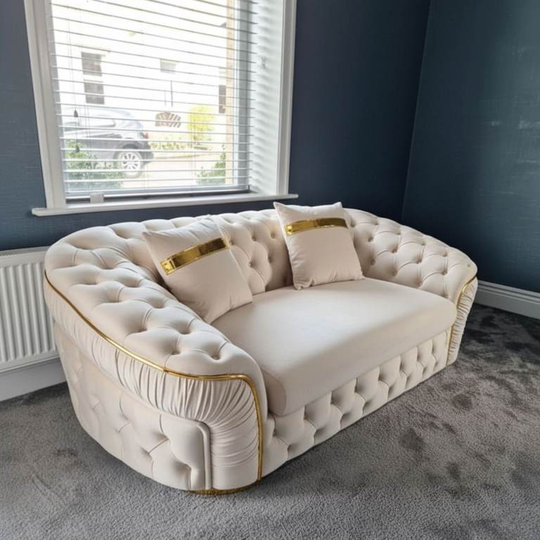 Offer Ambassador Sofa Chesterfield Toronto Metal Trim Fabric - Frill Design - 2 Seater - Gold Trim