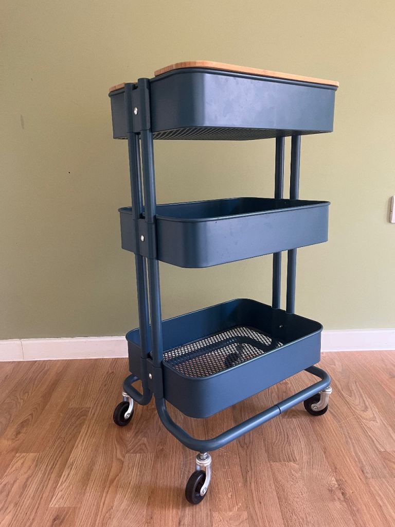 Sturdy Metal Storage Trolley with Wooden Top