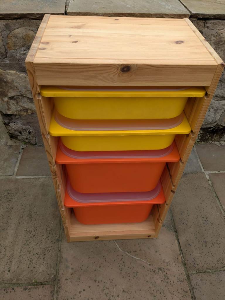 IKEA TROFAST pine Storage Unit with Yellow and Orange Trays and Lids  – Good Condition