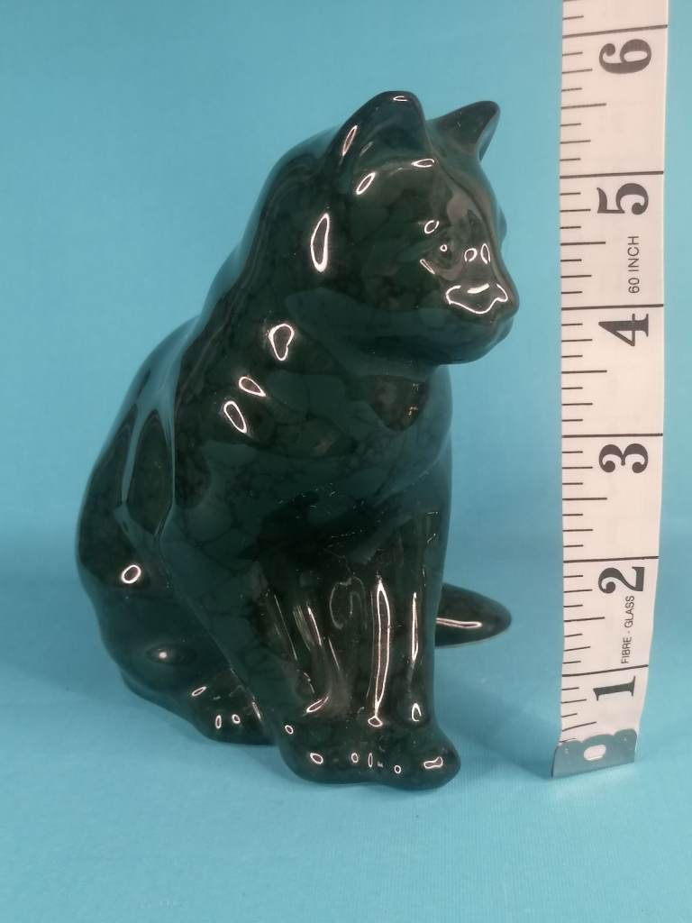Vintage Mottled Ceramic cat Ornament, Handmade dark green and black colours..